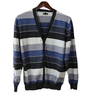 Sons of Intrigue Classic Blue Striped Preppy Cardigan Sweater Mens LG